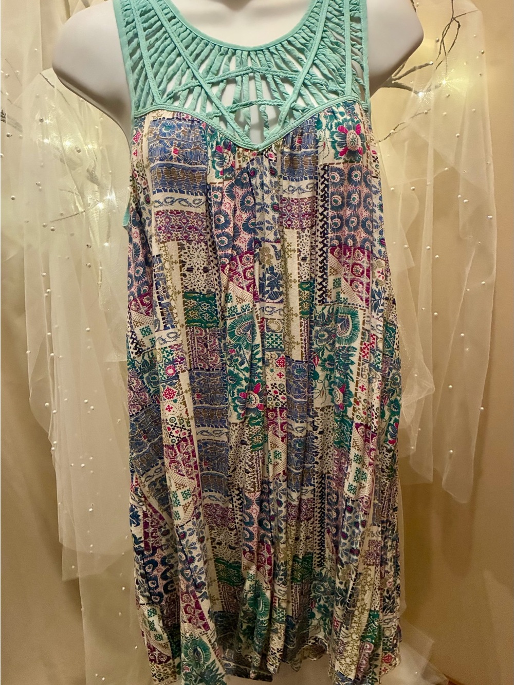 Kori Teal Crochet-Top Patchwork Mini  dress